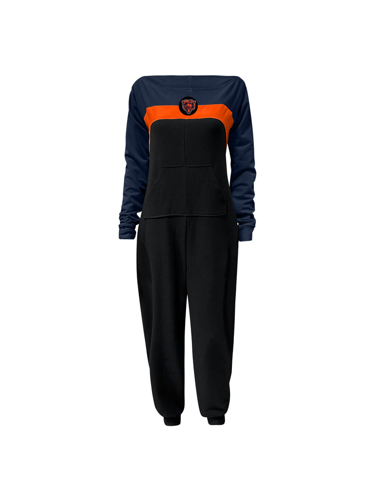 Off shoulder jumpsuit with navy sleeves, orange stripe, black body, and Bears logo on the center of the chest with front patch pockets. 