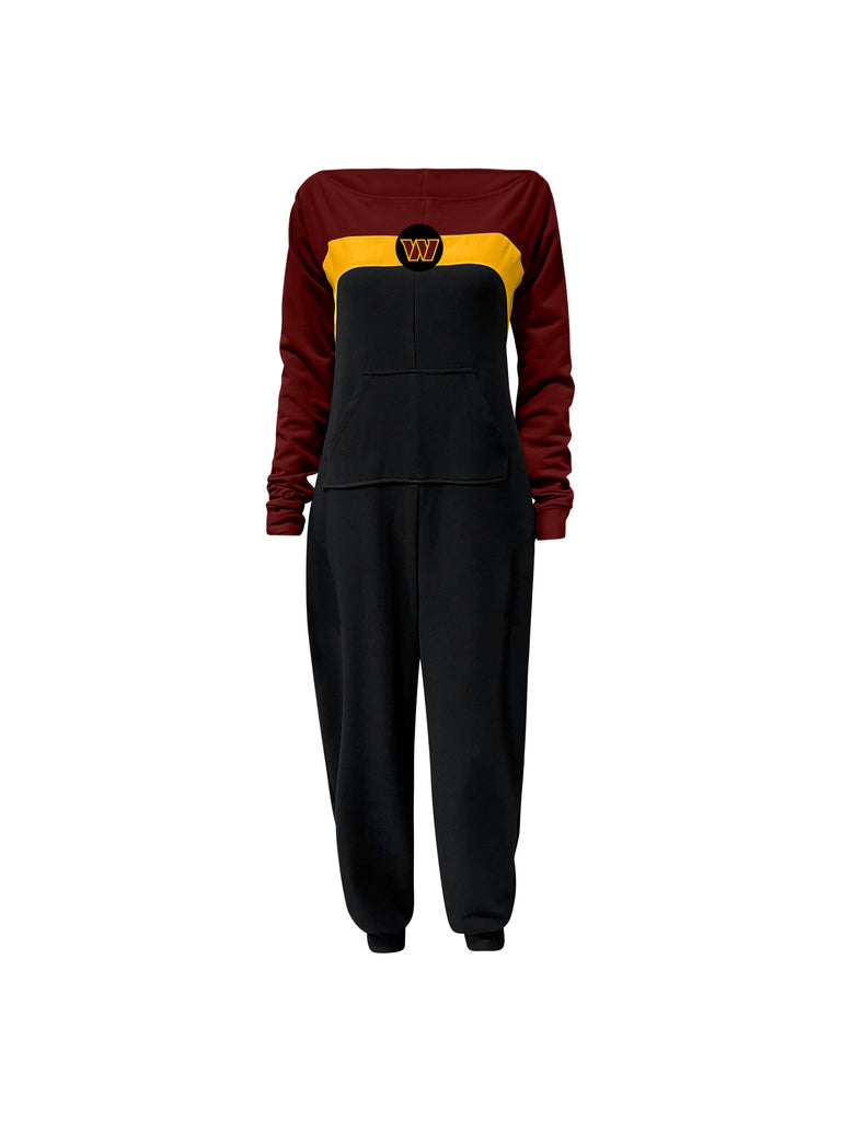 Off shoulder jumpsuit with burgundy sleeves, gold stripe, black body, and Commanders logo on the center of the chest with front patch pockets.