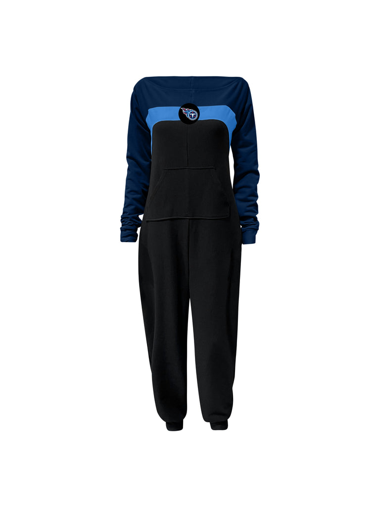 Off shoulder jumpsuit with dark blue sleeves, blue stripe, black body, and Titans logo on the center of the chest with front patch pockets.