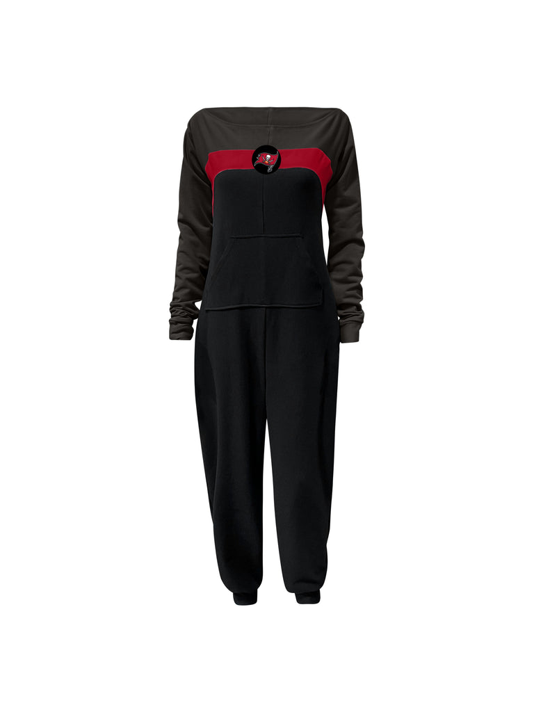 Off shoulder jumpsuit with grey sleeves, red stripe, black body, and Buccaneers logo on the center of the chest with front patch pockets.