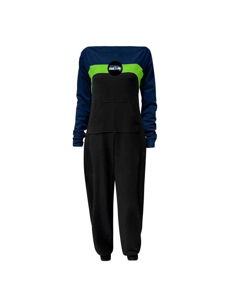 Off shoulder jumpsuit with teal sleeves, green stripe, black body, and Seahawks logo on the center of the chest with front patch pockets.