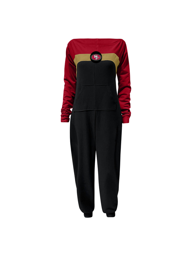 Off shoulder jumpsuit with red sleeves, gold stripe, black body, and 49ers logo on the center of the chest with front patch pockets.