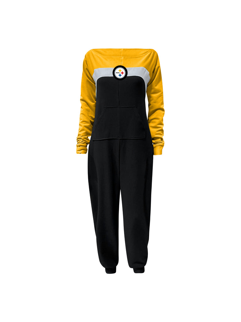 Off shoulder jumpsuit with gold sleeves, white stripe, black body, and Steelers logo on the center of the chest with front patch pockets.