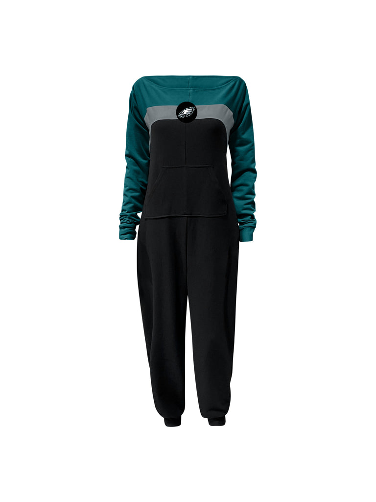 Off shoulder jumpsuit with green sleeves, white stripe, black body, and Eagles logo on the center of the chest with front patch pockets.