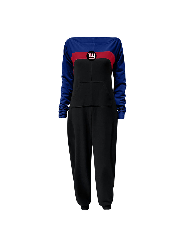 Off shoulder jumpsuit with blue sleeves, red stripe, black body, and Giants logo on the center of the chest with front patch pockets.
