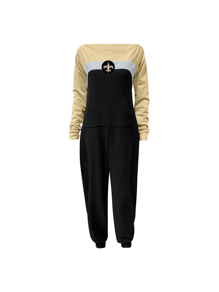 Off shoulder jumpsuit with gold sleeves, white stripe, black body, and Saints Fleur-de-Lis logo on the center of the chest with front patch pockets.