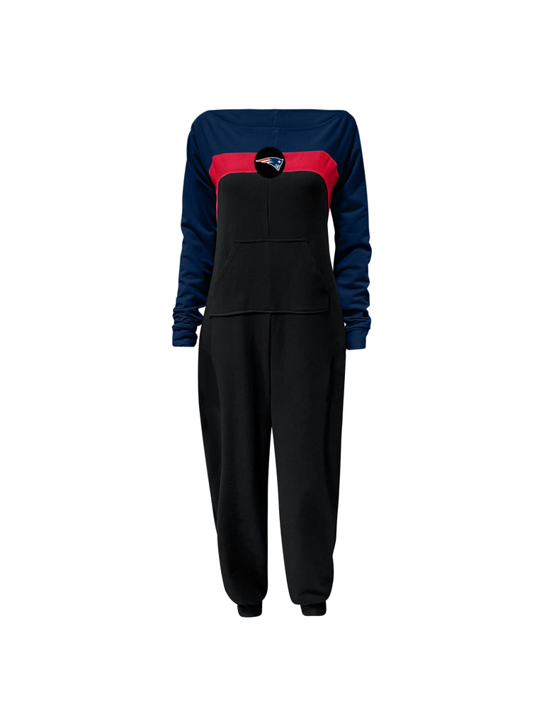 Off shoulder jumpsuit with blue sleeves, red stripe, black body, and Patriots logo on the center of the chest with front patch pockets.