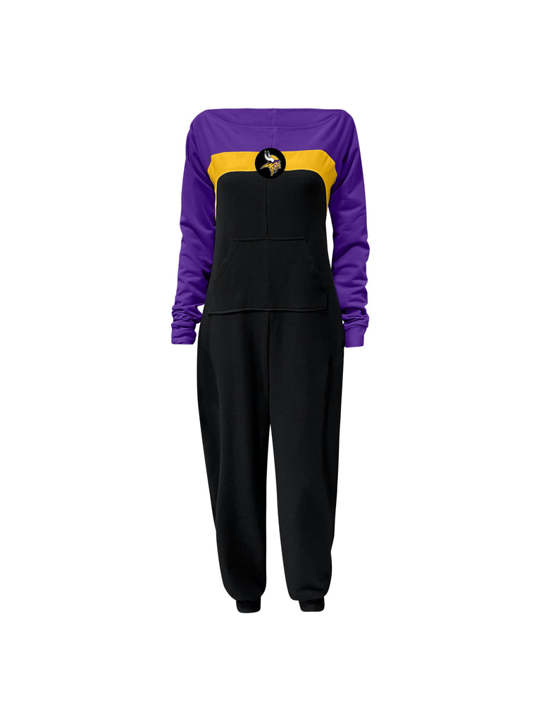Off shoulder jumpsuit with purple sleeves, gold stripe, black body, and Vikings logo on the center of the chest with front patch pockets.