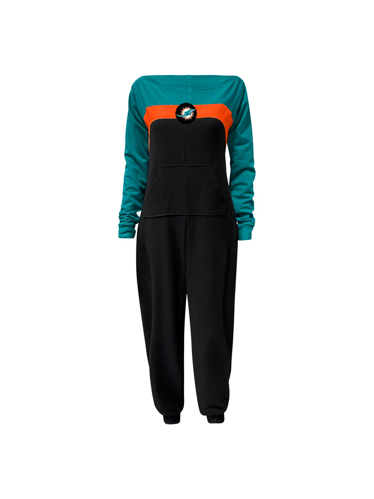 Off shoulder jumpsuit with teal sleeves, orange stripe, black body, and Dolphins logo on the center of the chest with front patch pockets.