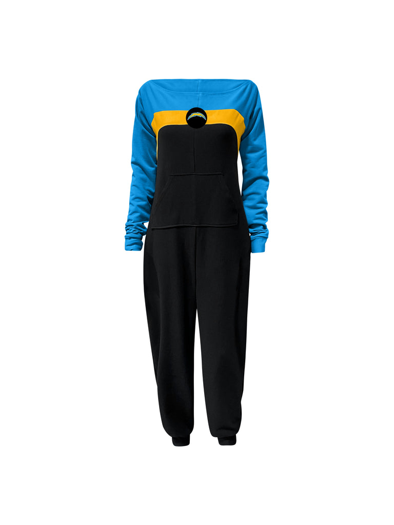 Off shoulder jumpsuit with blue sleeves, gold stripe, black body, and Chargers logo on the center of the chest with front patch pockets.