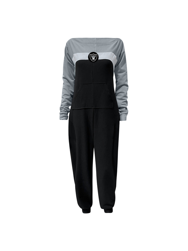Off shoulder jumpsuit with silver sleeves, white stripe, black body, and Raiderslogo on the center of the chest with front patch pockets.
