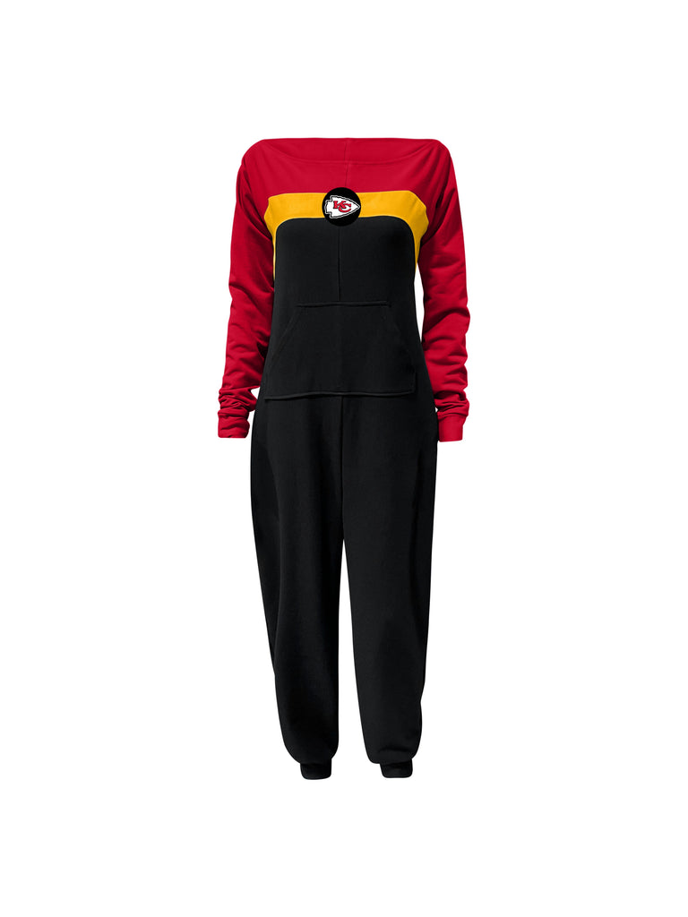 Off shoulder jumpsuit with red sleeves, gold stripe, black body, and Chiefs logo on the center of the chest with front patch pockets.