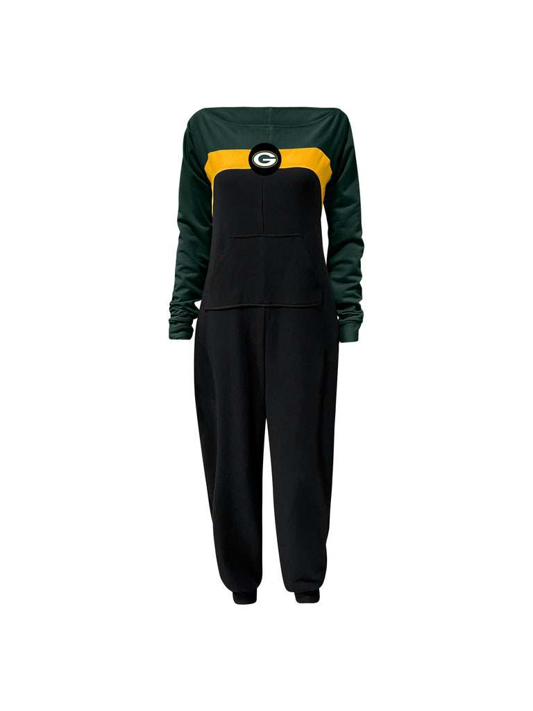 Off shoulder jumpsuit with dark green sleeves, gold stripe, black body, and Packers G logo on the center of the chest with front patch pockets. 