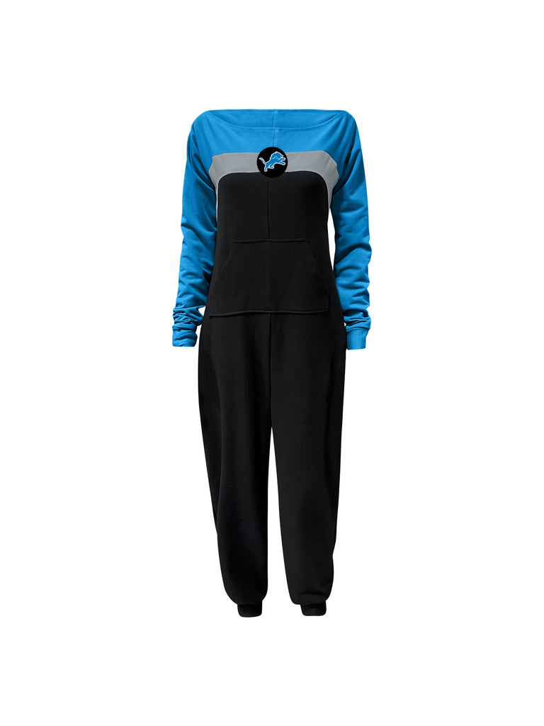 Off shoulder jumpsuit with blue sleeves, silver stripe, black body, and Lions logo on the center of the chest with front patch pockets. 