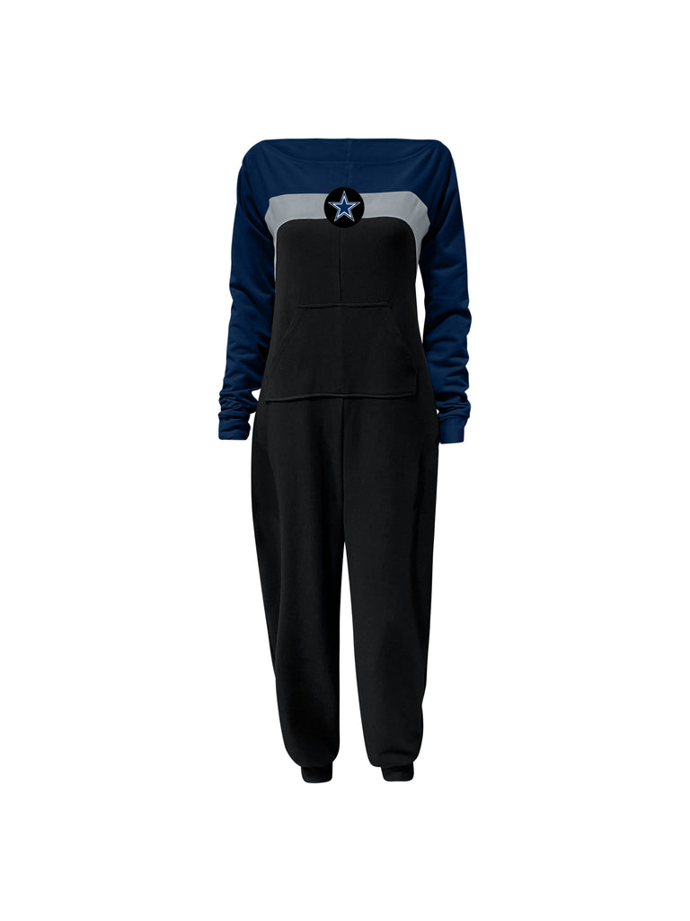Off shoulder jumpsuit with blue sleeves, grey stripe, black body, and Cowboys star logo on the center of the chest with front patch pockets. 