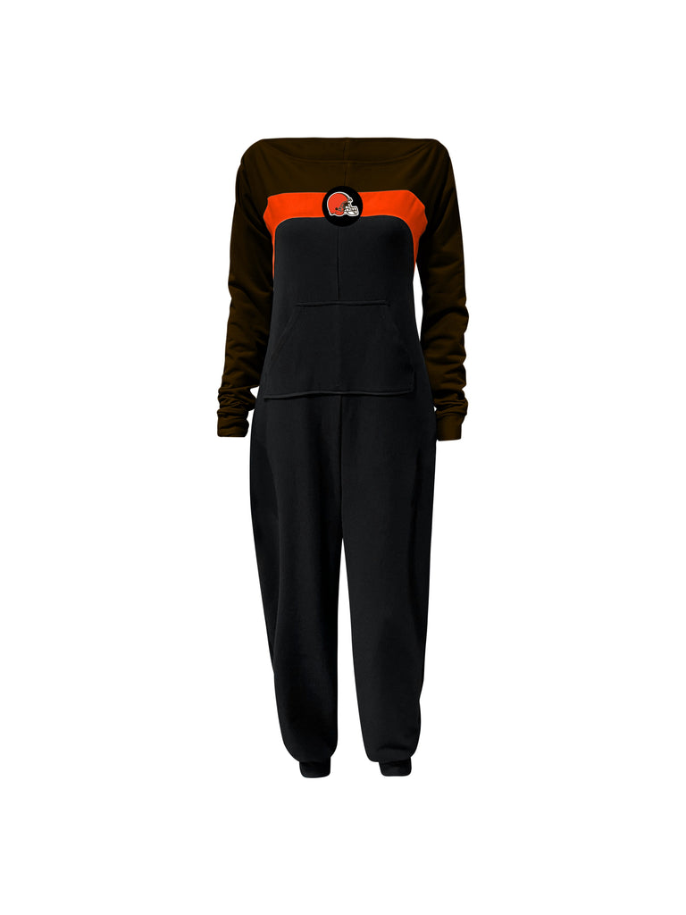 Off shoulder jumpsuit with brown sleeves, orange stripe, black body, and Browns logo on the center of the chest with front patch pockets. 