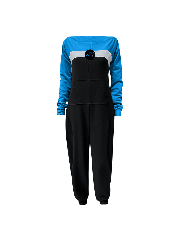 Off shoulder jumpsuit with blue sleeves, white stripe, black body, and Panthers logo on the center of the chest with front patch pockets. 