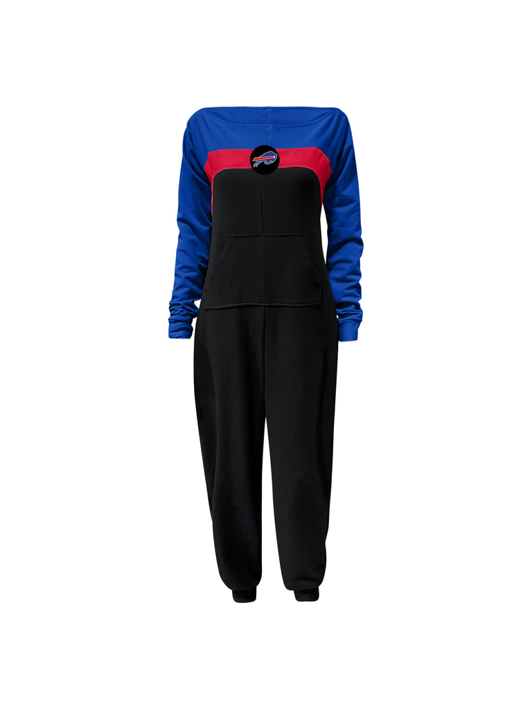 Off shoulder jumpsuit with blue sleeves, red stripe, black body, and Buffalo logo on the center of the chest with front patch pockets. 