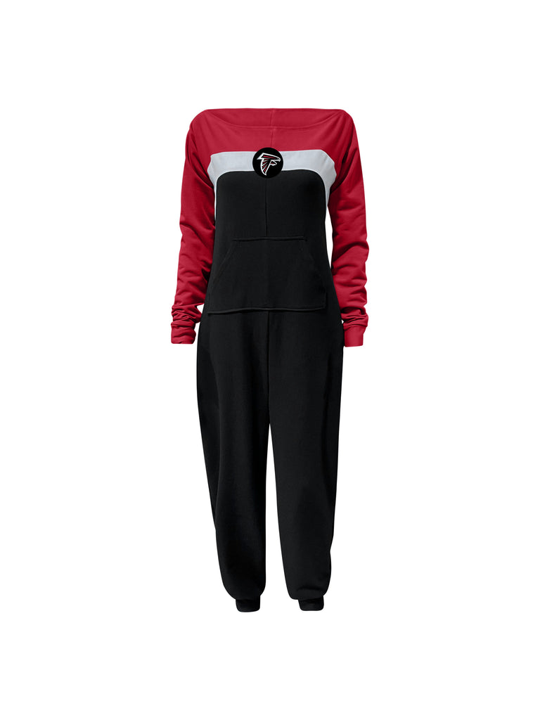 Off shoulder jumpsuit with red sleeves, white stripe, and black body with falcon logo on the center of the chest and front patch pockets. 